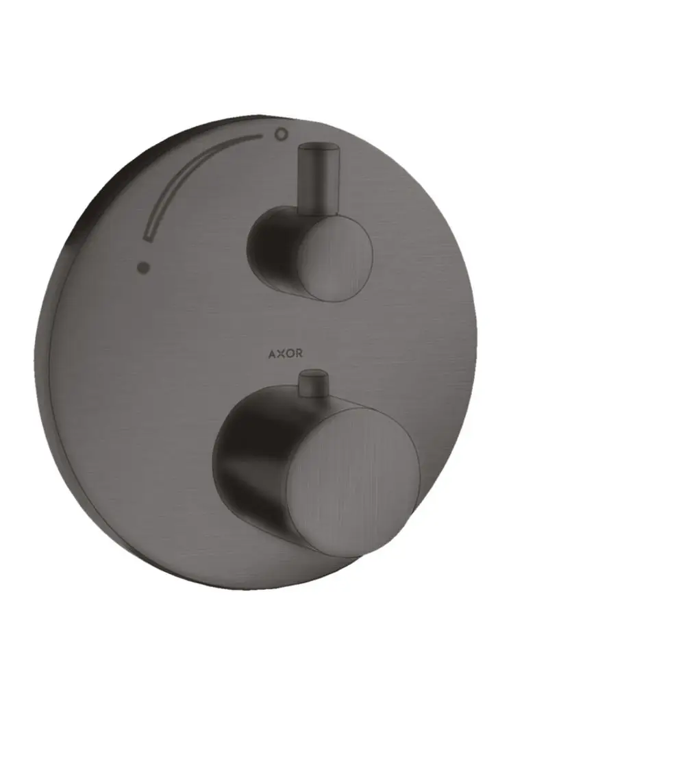 Schwarzes Thermostat mit zwei Steuerknöpfen für Temperatur und Wasserfluss, montiert auf einer runden Platte. Markenlogo AXOR sichtbar.